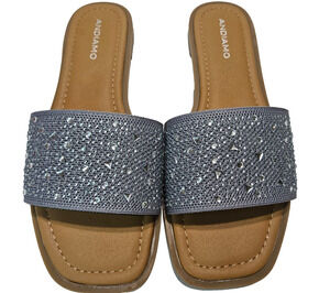 Andiamo Graceland Slides Sandals Womens Size 9W Gray Tan Rhinestone Slip On